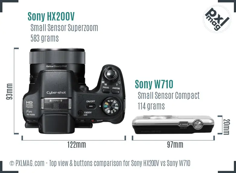 Sony HX200V vs Sony W710 top view buttons comparison