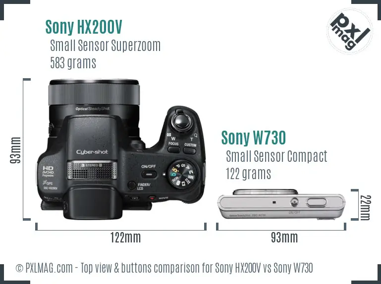 Sony HX200V vs Sony W730 top view buttons comparison