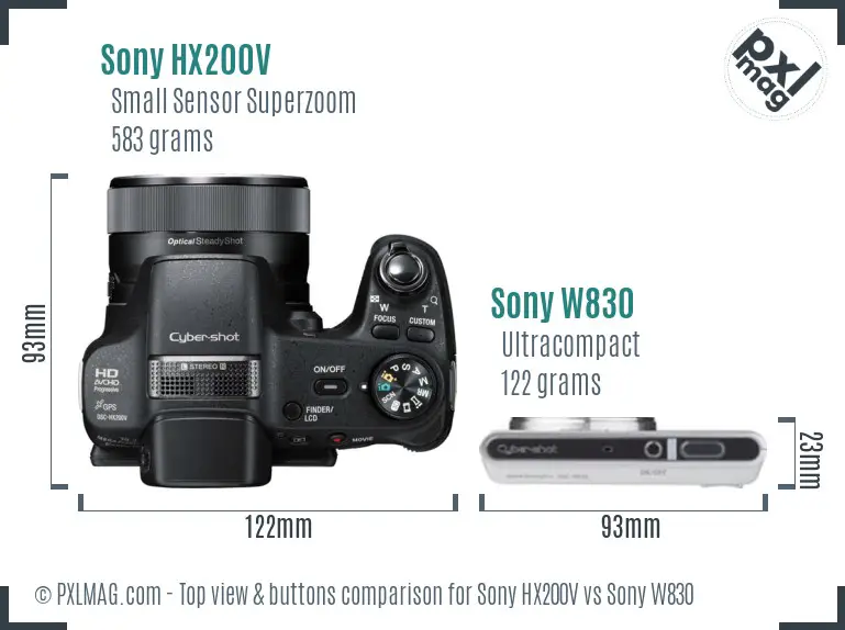Sony HX200V vs Sony W830 top view buttons comparison