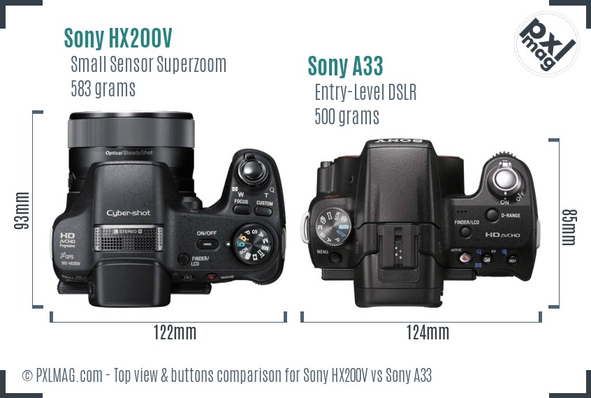 Sony HX200V vs Sony A33 top view buttons comparison