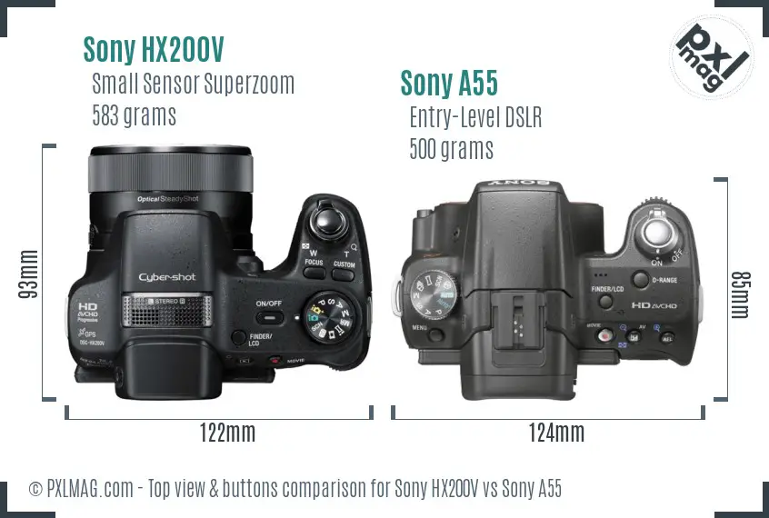 Sony HX200V vs Sony A55 top view buttons comparison