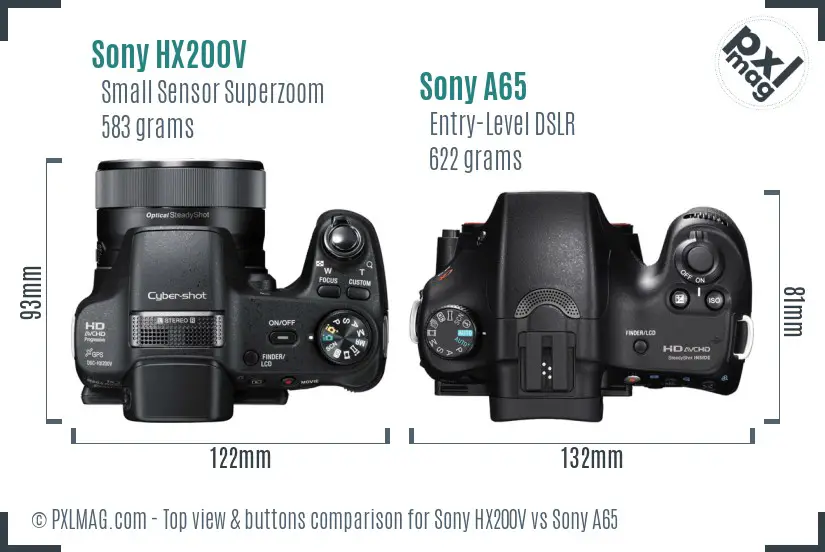 Sony HX200V vs Sony A65 top view buttons comparison