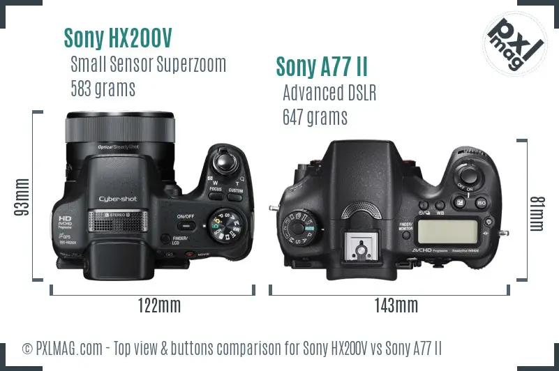 Sony HX200V vs Sony A77 II top view buttons comparison