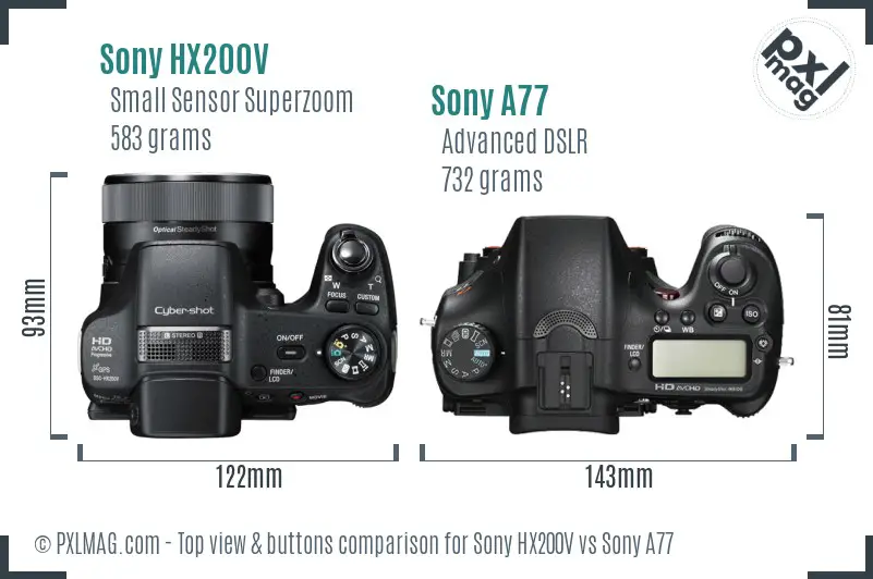 Sony HX200V vs Sony A77 top view buttons comparison