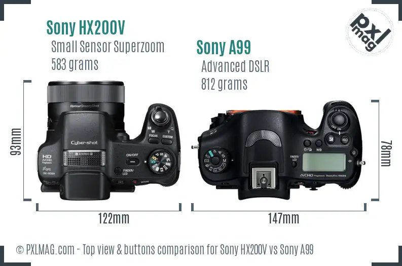 Sony HX200V vs Sony A99 top view buttons comparison
