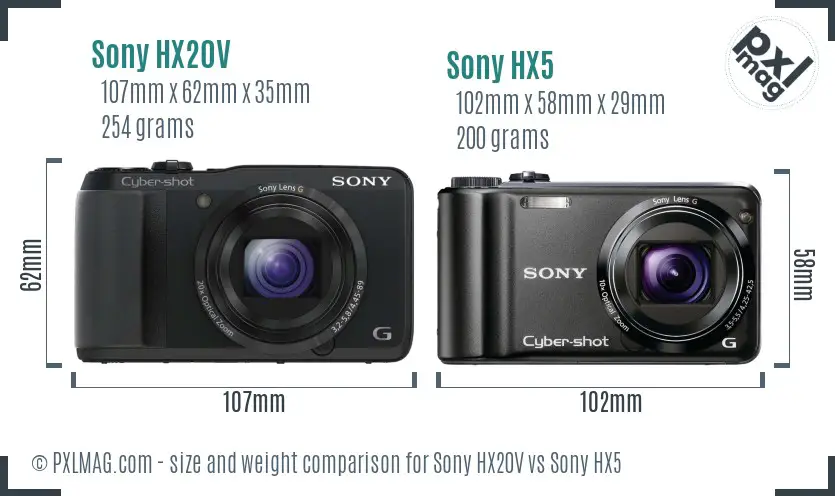 Sony HX20V vs Sony HX5 size comparison