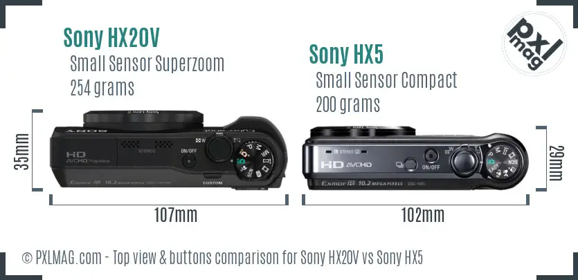 Sony HX20V vs Sony HX5 top view buttons comparison