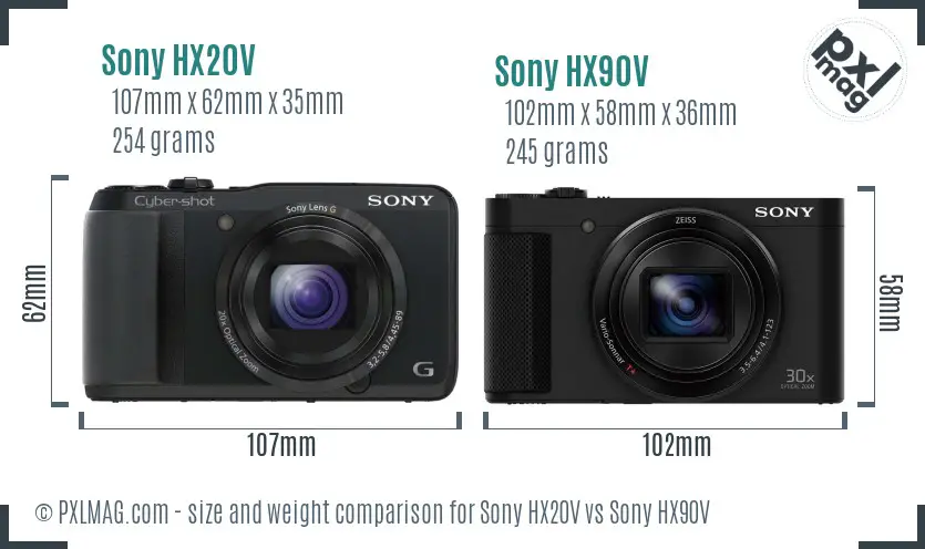 Sony HX20V vs Sony HX90V size comparison