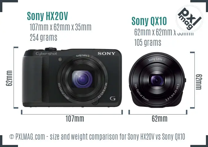 Sony HX20V vs Sony QX10 size comparison