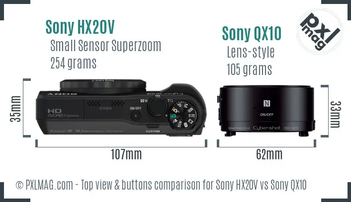 Sony HX20V vs Sony QX10 top view buttons comparison
