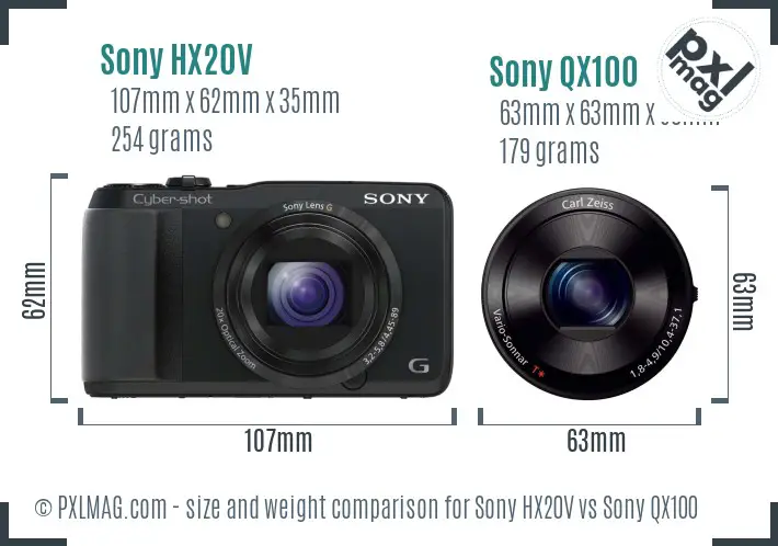 Sony HX20V vs Sony QX100 size comparison