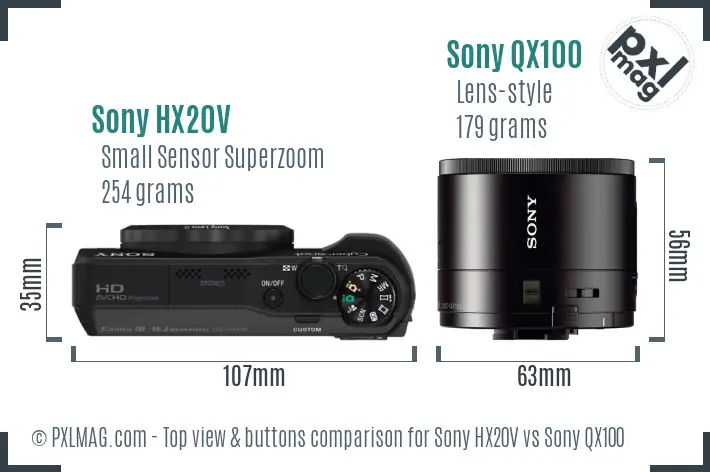 Sony HX20V vs Sony QX100 top view buttons comparison