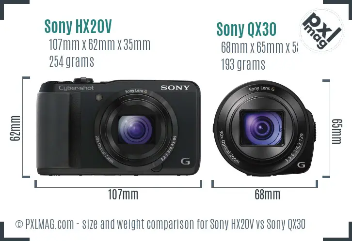 Sony HX20V vs Sony QX30 size comparison