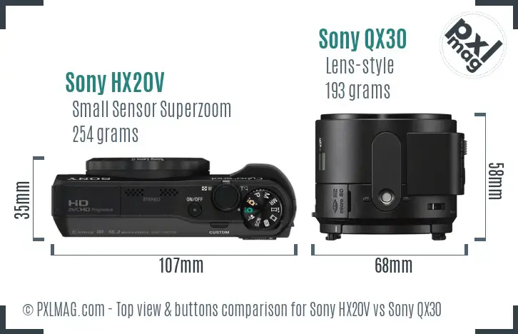 Sony HX20V vs Sony QX30 top view buttons comparison
