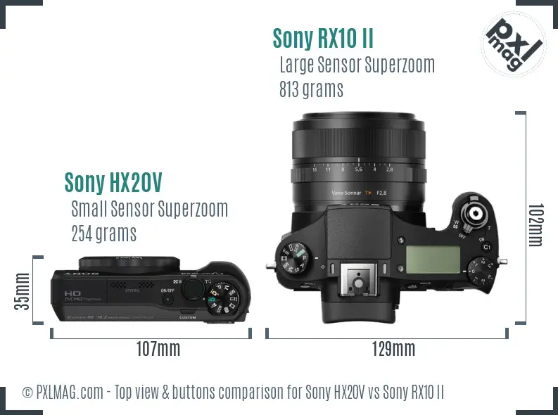 Sony HX20V vs Sony RX10 II top view buttons comparison