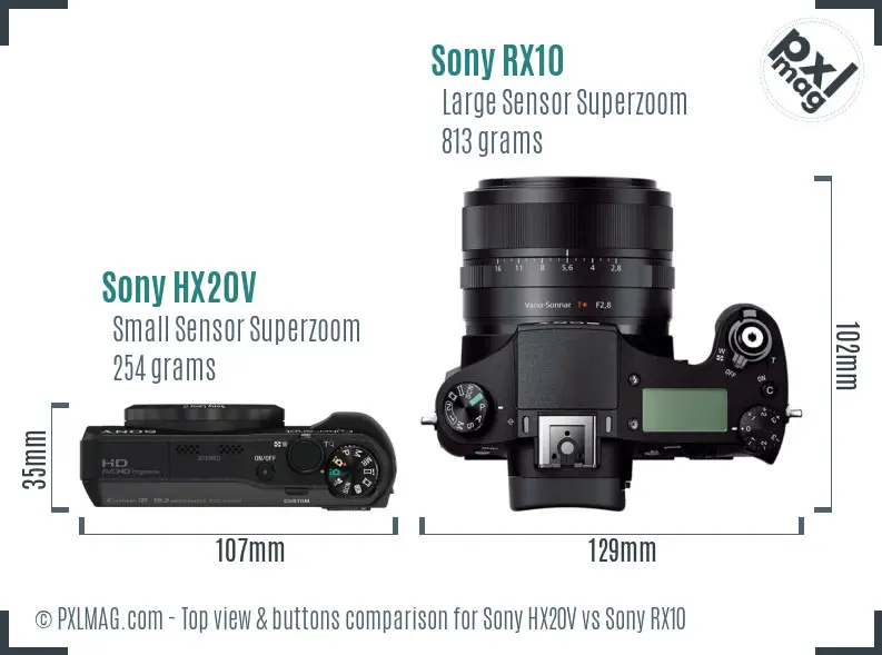 Sony HX20V vs Sony RX10 top view buttons comparison