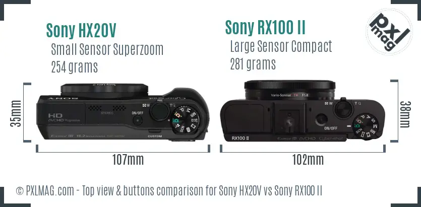 Sony HX20V vs Sony RX100 II top view buttons comparison
