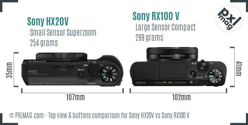 Sony HX20V vs Sony RX100 V top view buttons comparison