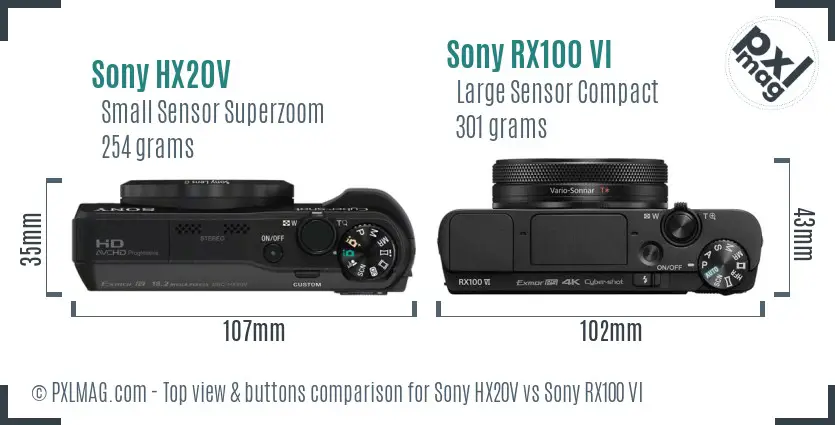 Sony HX20V vs Sony RX100 VI top view buttons comparison