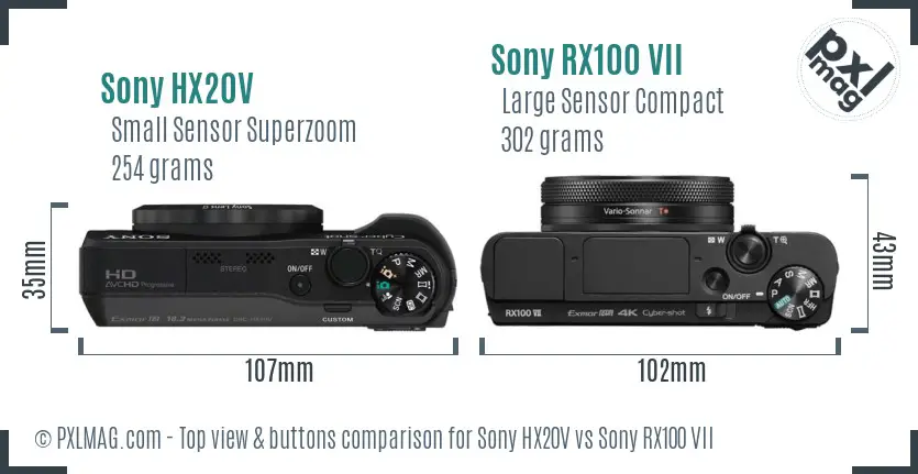 Sony HX20V vs Sony RX100 VII top view buttons comparison