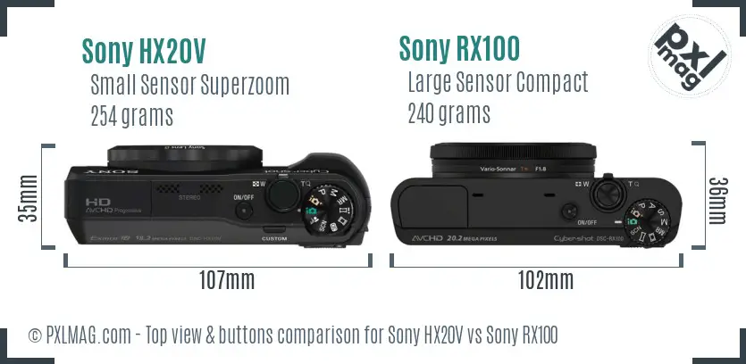 Sony HX20V vs Sony RX100 top view buttons comparison