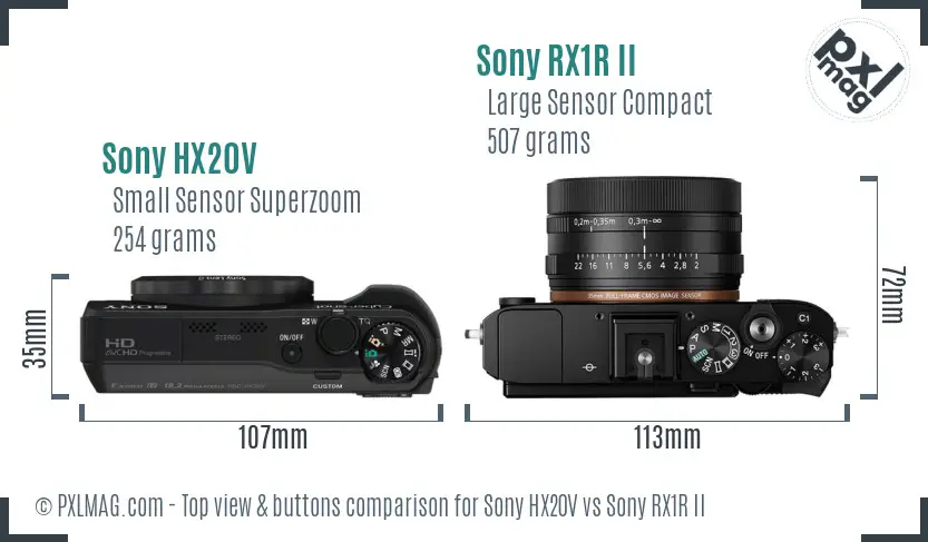 Sony HX20V vs Sony RX1R II top view buttons comparison