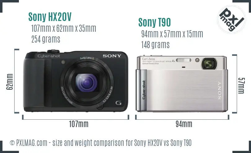 Sony HX20V vs Sony T90 size comparison