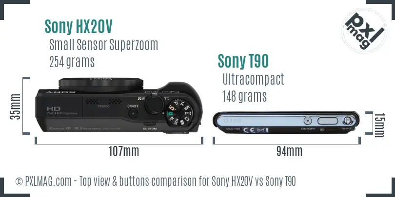 Sony HX20V vs Sony T90 top view buttons comparison