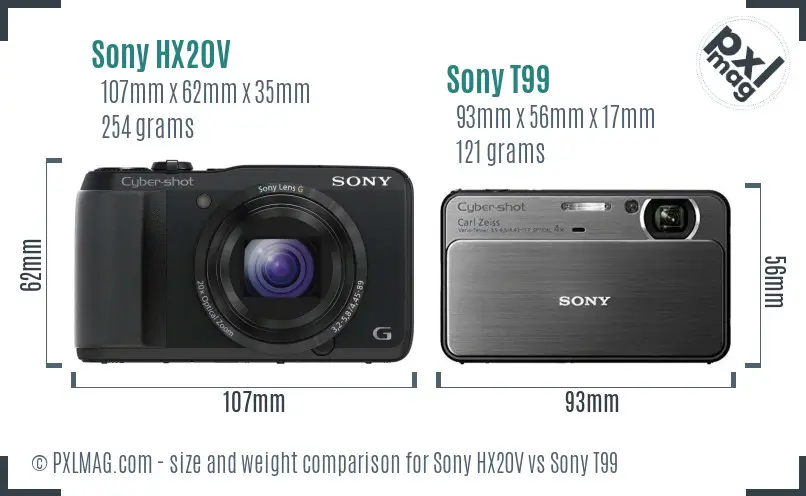 Sony HX20V vs Sony T99 size comparison