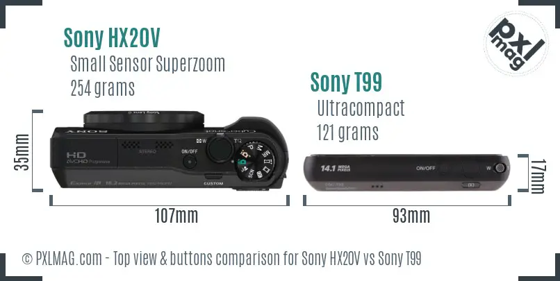 Sony HX20V vs Sony T99 top view buttons comparison