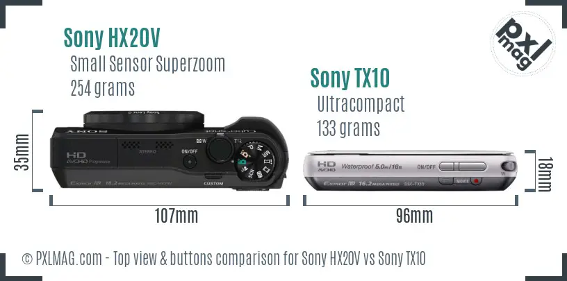 Sony HX20V vs Sony TX10 top view buttons comparison