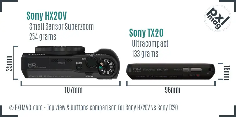 Sony HX20V vs Sony TX20 top view buttons comparison