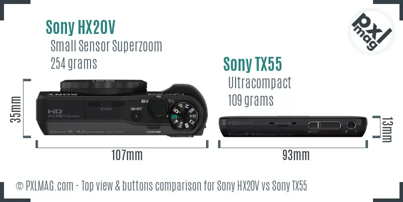 Sony HX20V vs Sony TX55 top view buttons comparison