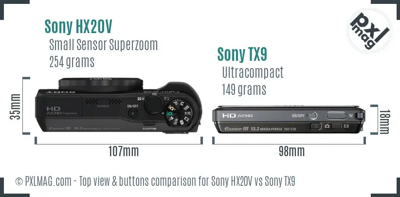 Sony HX20V vs Sony TX9 top view buttons comparison