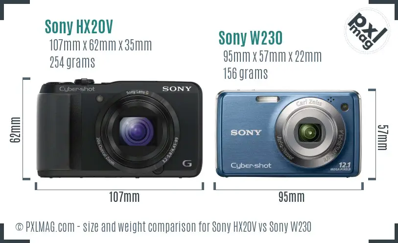 Sony HX20V vs Sony W230 size comparison