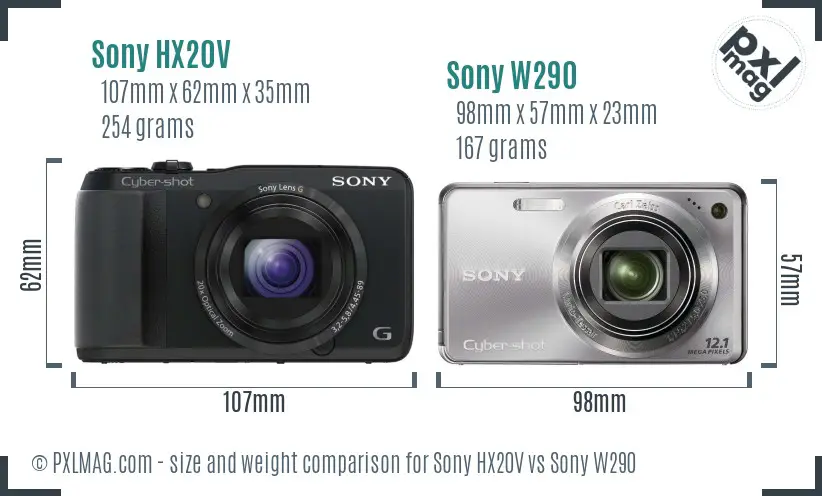 Sony HX20V vs Sony W290 size comparison