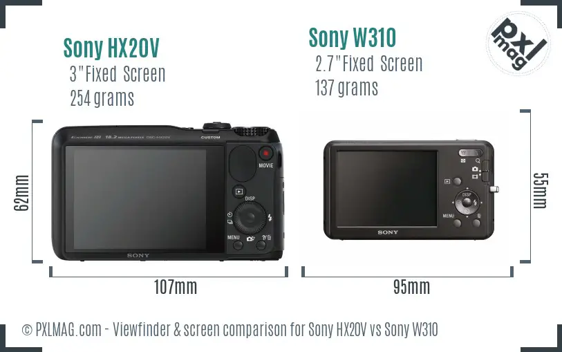 Sony HX20V vs Sony W310 Screen and Viewfinder comparison