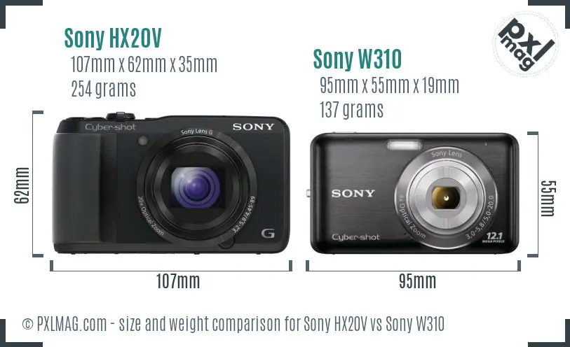 Sony HX20V vs Sony W310 size comparison