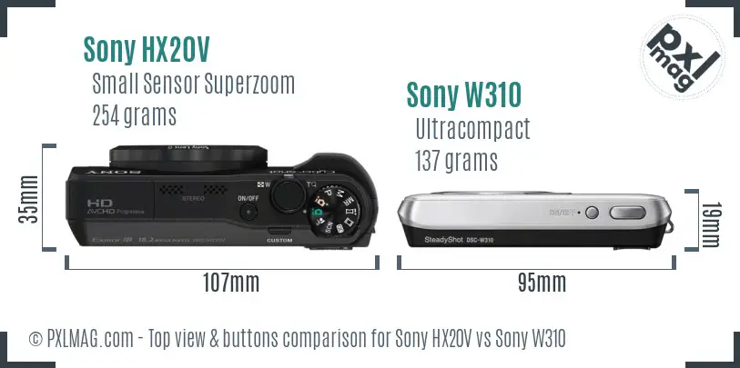 Sony HX20V vs Sony W310 top view buttons comparison