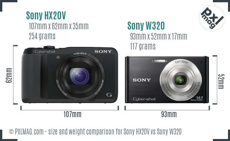 Sony HX20V vs Sony W320 size comparison