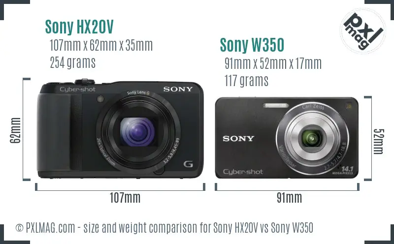 Sony HX20V vs Sony W350 size comparison