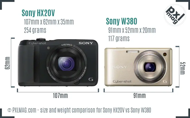 Sony HX20V vs Sony W380 size comparison