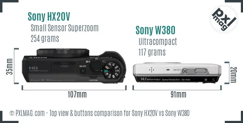 Sony HX20V vs Sony W380 top view buttons comparison