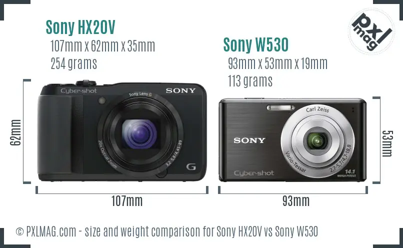 Sony HX20V vs Sony W530 size comparison