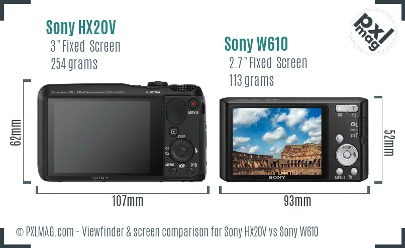 Sony HX20V vs Sony W610 Screen and Viewfinder comparison