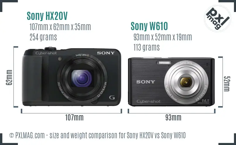 Sony HX20V vs Sony W610 size comparison