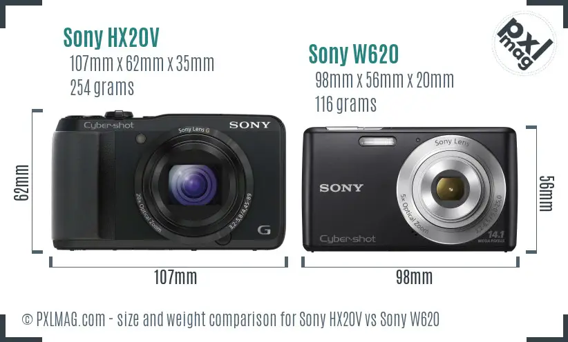Sony HX20V vs Sony W620 size comparison