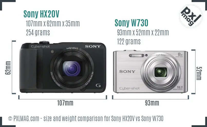 Sony HX20V vs Sony W730 size comparison