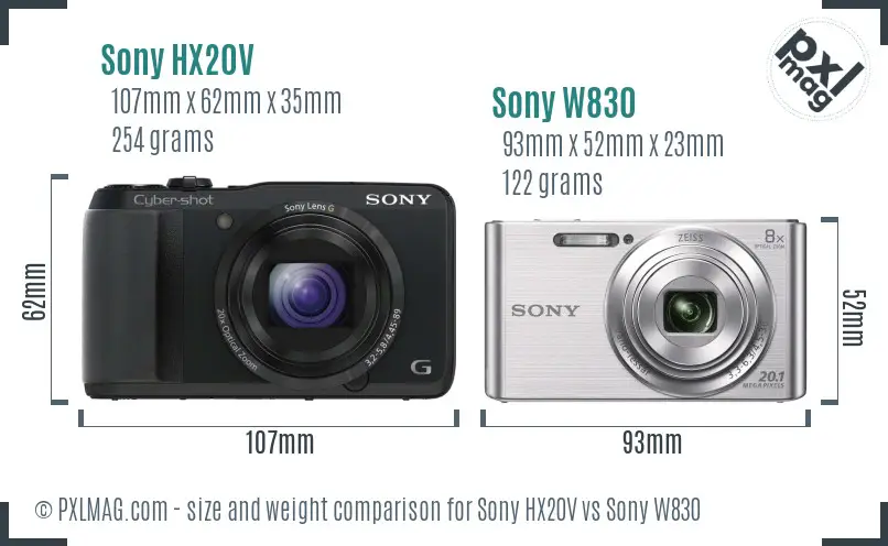 Sony HX20V vs Sony W830 size comparison