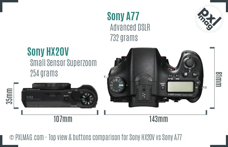 Sony HX20V vs Sony A77 top view buttons comparison